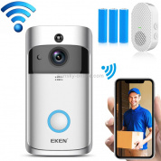 EKEN V5 720P беспроводной Wi-Fi умный видеодомофон, поддержка облачного хранилища и обнаружения движения, инфракрасного ночного видения и двустороннего голоса, пакет 3: дверной звонок + звонок + 3 батареи 18650 (серебристый)
